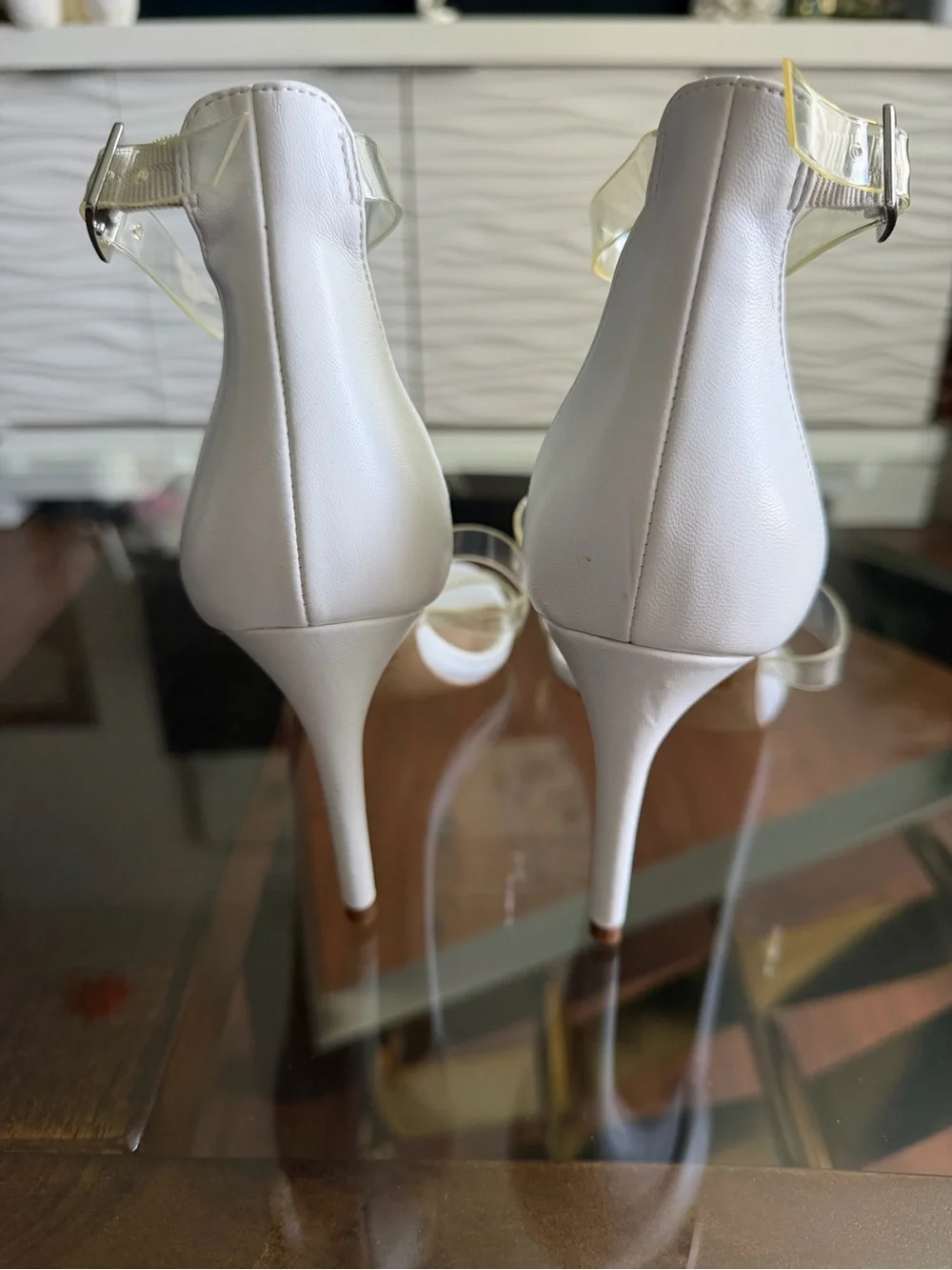 Aldo White Heeled Sandals with Clear T-Straps and Crystal Embellishments